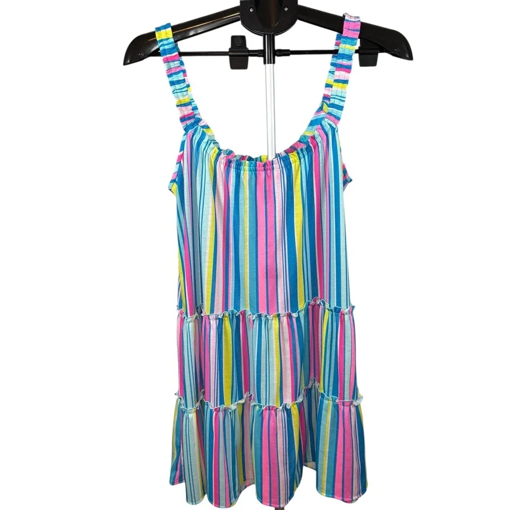 Lilly Pulitzer Womens Striped Tiered Tank Top Dress Pink/Blue/Yellow Smock Strap